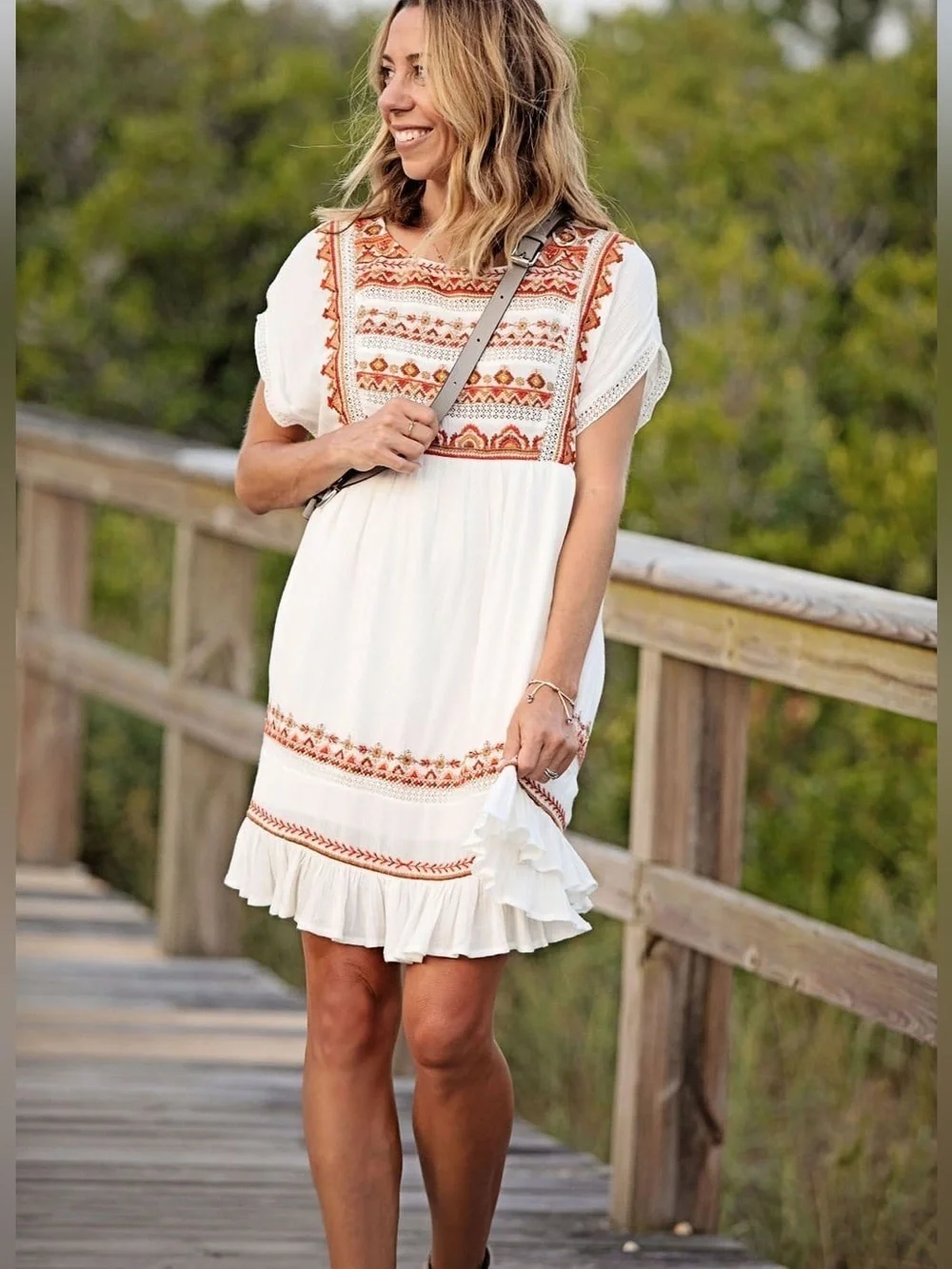 Free People Sunrise Wanderer Mini Dress Large Multi Embroidery Ruffle Crinkle